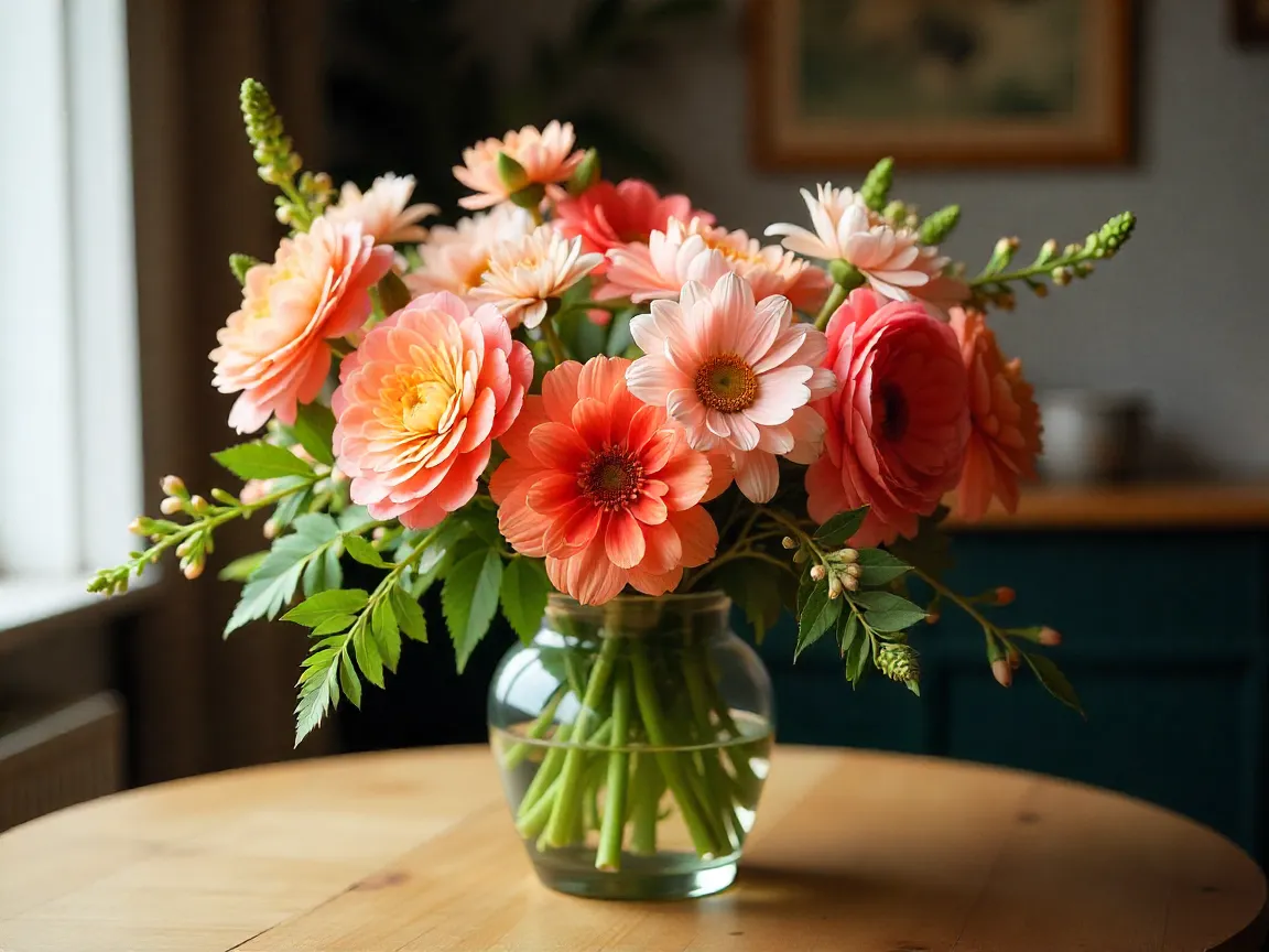 Kaunis kukka-asetelma pöydällä